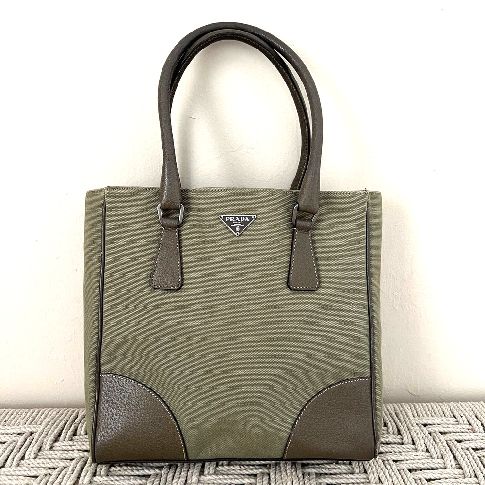 PRADA Olive Logo Canvas and Leather Tote Bag